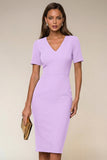 Bodycon Navy V-Neck Short Sleeves Midi Work Dress with Slit