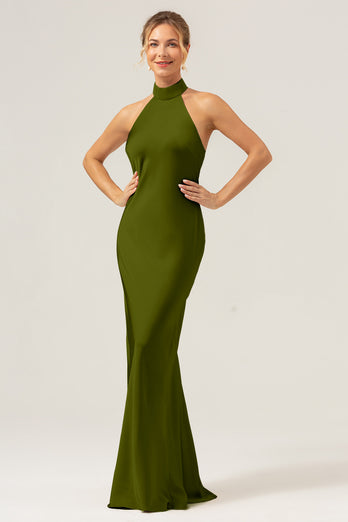 Champagne Sheath Halter Long Bridesmaid Dress With Slit