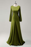 A Line Round Neck Long Sleeves Sage Bridesmaid Dress