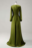 A Line Round Neck Long Sleeves Sage Bridesmaid Dress