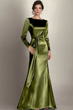 Black Mermaid Long Sleeves Satin Ruched Long Mother of the Bride Dress