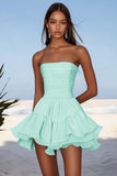Sky Blue A Line Strapless Chiffon Mini Graduation Dress with Ruffles