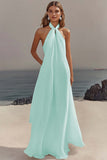 White Sheath Halter Chiffon Long Graduation Dress