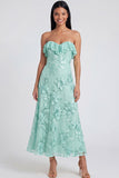 Strapless Light Blue Embroidery A Line Maxi Floral Dress with Ruffles