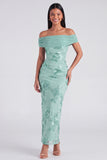 Off the Shoulder Yellow Sheath Embroidered Maxi Floral Dress with Slit