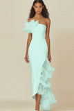 One Shoulder Sheath White Graduation Dress with Ruffles