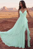 Ivory A Line Ruffled Spaghetti Straps Boho Wedding Dress with Slit