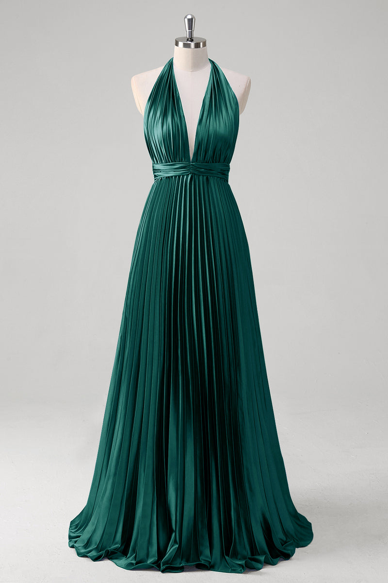Load image into Gallery viewer, Royal Blue A Line Halter Pleated Long Prom Dress