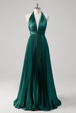 Royal Blue A Line Halter Pleated Long Prom Dress