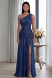 Golden Pleated A Line One Shoulder Long Evening Dress with Slit