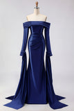 Dark Green Mermaid Off The Shoulder Satin Long Prom Dress with Long Sleeve