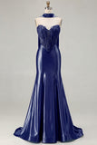 Blue Mermaid Corset Sweetheart Convertible Long Satin Prom Dress with Streamer