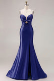 Fuchsia Mermaid Cut Out Pleated Satin Bowed Long Prom Dress with Slit