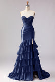 Red Mermaid Ruffled Sweetheart Beaded Corset Long Prom Dress with Slit