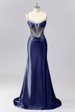 Sparkly Grey Blue Mermaid Ruched Corset Satin Long Prom Dress with Rhinestones