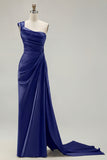 Green One Shoulder Ruched Sheath Long Prom Dress with Slit