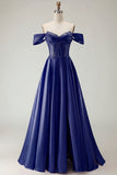 Off The Shoulder Beaded A Line Purple Corset Long Prom Dress with Slit