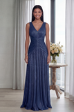 Dusty Rose A Line V Neck Pleated Long Evening Dress