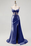 Champagne Mermaid Corset Beaded Satin Long Prom Dress with Slit