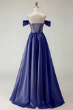 Off The Shoulder Beaded A Line Purple Corset Long Prom Dress with Slit