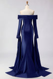 Dark Green Mermaid Off The Shoulder Satin Long Prom Dress with Long Sleeve