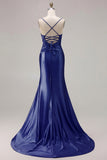 Fuchsia Mermaid Cut Out Pleated Satin Bowed Long Prom Dress with Slit