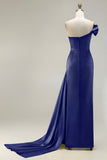 Green One Shoulder Ruched Sheath Long Prom Dress with Slit
