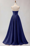 Golden Strapless Satin A-Line Corset Long Prom Dress