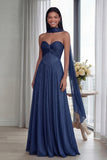 Strapless A Line Pleated Sky Blue Long Evening Dress with a Neck Scarf