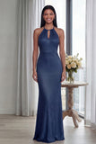 Sky Blue Halter Sheath Long Evening Dress with Back Keyhole