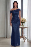 Dark Green Off the Shoulder Sheath Ruched Long Evening Dress
