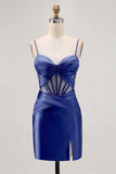 Royal Blue Sheer Corset Pleated Tight Graduation Dress with Slit