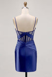 Royal Blue Sheer Corset Pleated Tight Graduation Dress with Slit