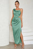 Load image into Gallery viewer, One Shoulder Green Satin Pleated Formal Party Dress with Slit