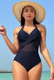 Navy Halter Mesh Cut out Backless One-Piece Swimsuit