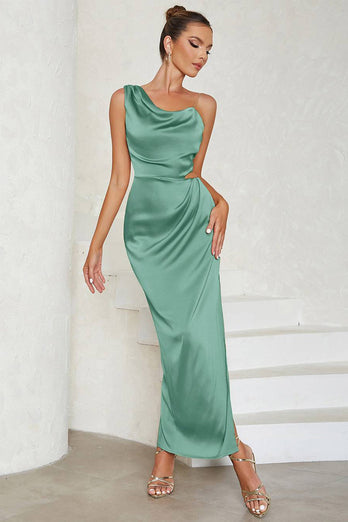 One Shoulder Green Satin Pleated Formal Party Dress with Slit