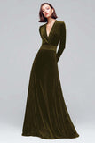 Dark Green A Line V Neck Velvet Holiday Party Dress With Long Sleeves