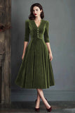 Velvet A Line V-Neck Burgundy Midi Christams Party Dress with Half Sleeves