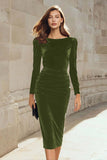 Dark Green Sheath Velvet Long Sleeve Midi Work Dress