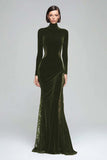 Black Mermaid Velvet High Neck Long Sleeve Formal Dress with Lace