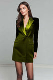 Black Satin Bodycon Peak Lapel Work Dress with Long Sleeves