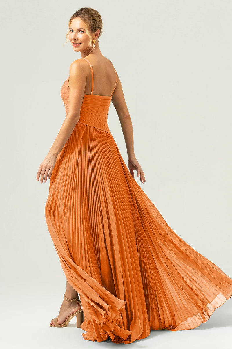 Load image into Gallery viewer, A-Line Spaghetti Straps Pleated Chiffon Eucalyptus Bridesmaid Dress with Slit