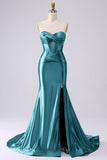 Fuchsia Strapless Satin Mermaid Corset Long PLus Size Prom Dress with Slit