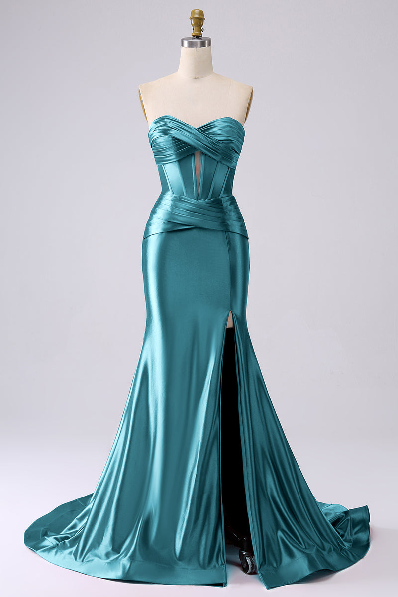 Load image into Gallery viewer, Sparkly Dark Green Mermaid Sweetheart Corset Long Prom Dress with Slit