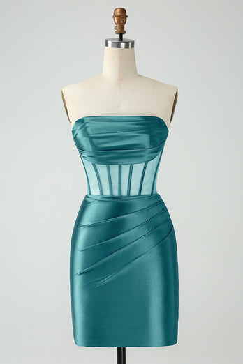 Dark Green Bodycon Corset Strapless Satin Short Graduation Dress