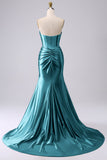 Fuchsia Strapless Satin Mermaid Corset Long PLus Size Prom Dress with Slit