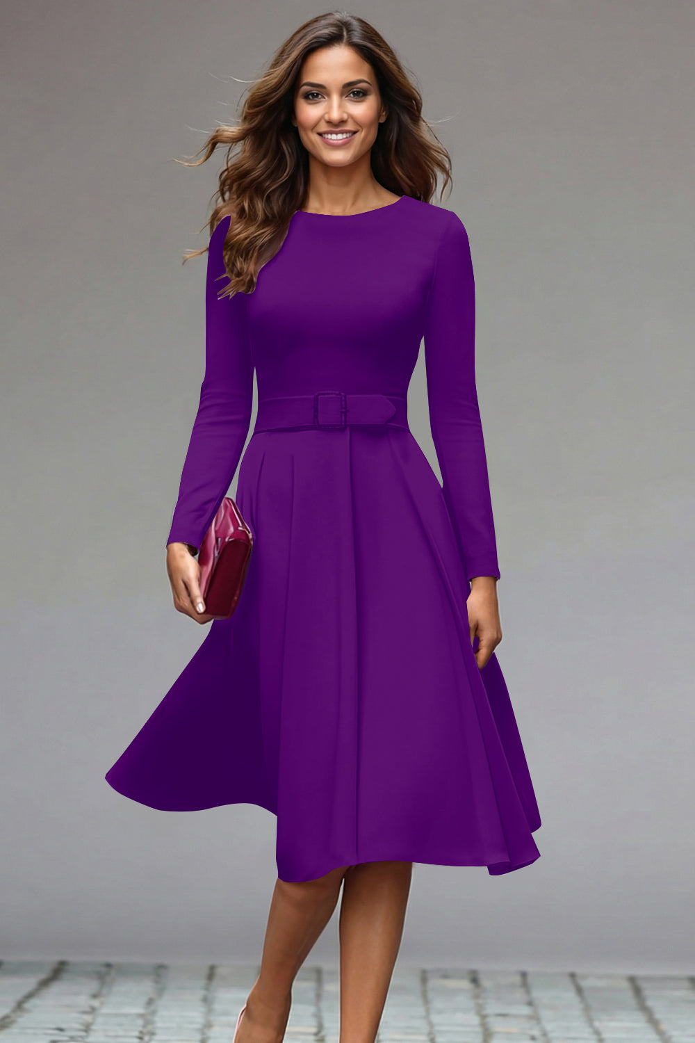 ZAPAKA Women Lilac Work Dress Round Neck A Line Midi Business Dress with Belt ZAPAKA UK ZAPAKA Women Lilac Work Dress Round Neck A Line Midi Business Dress with Belt ZAPAKA UK