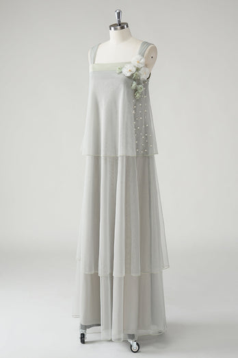 Grey Tiered Chiffon Spaghetti Straps Mother of the Bride Dress with Beading