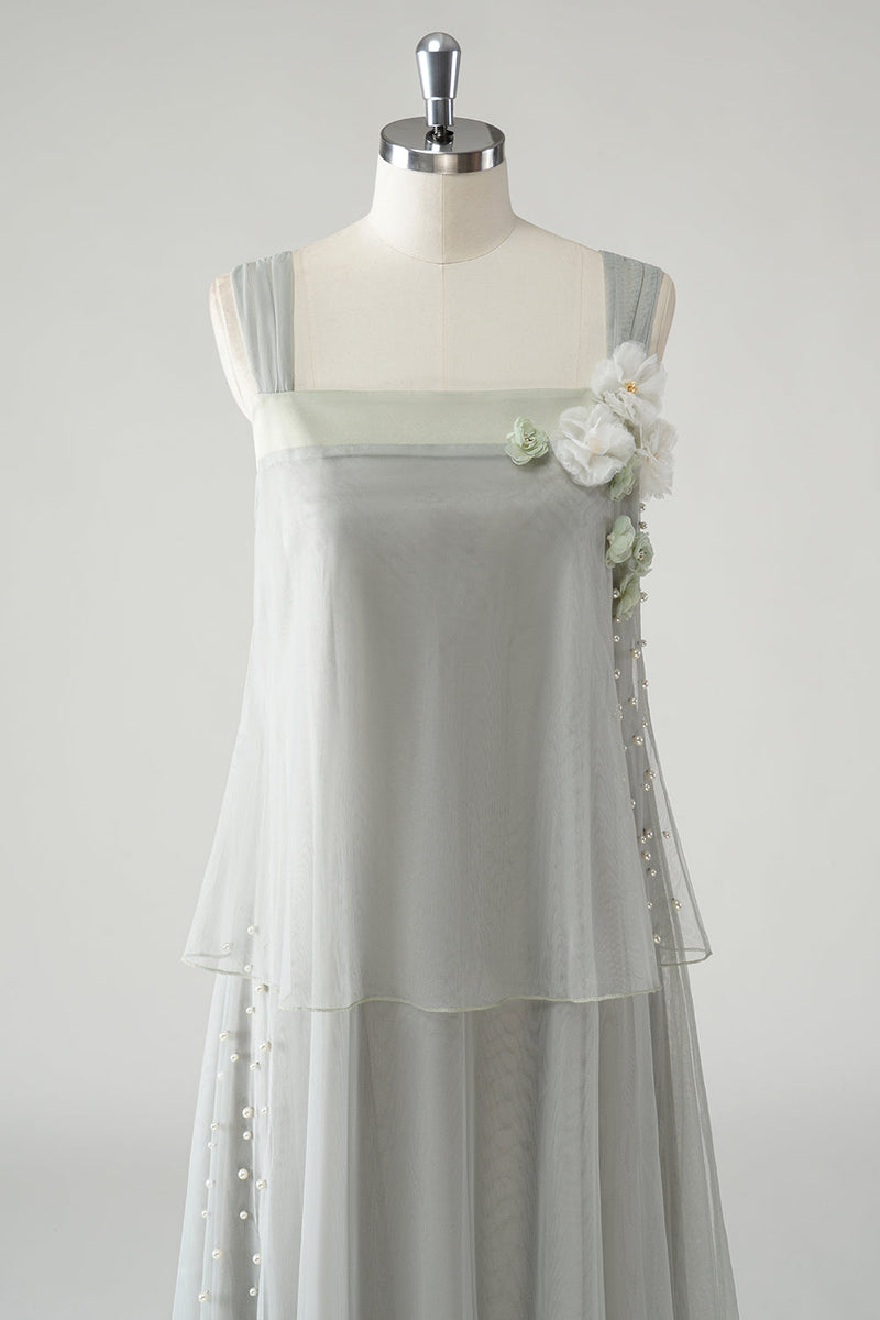 Load image into Gallery viewer, Grey Tiered Chiffon Spaghetti Straps Mother of the Bride Dress with Beading