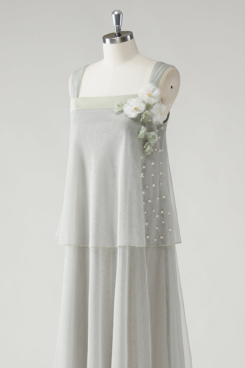 Load image into Gallery viewer, Grey Tiered Chiffon Spaghetti Straps Mother of the Bride Dress with Beading